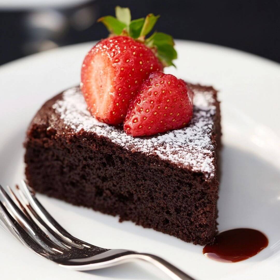 A slice of flourless chocolate cake on a white plate, dusted with powdered sugar and topped with fresh strawberries, with a fork beside it and a drizzle of chocolate sauce.