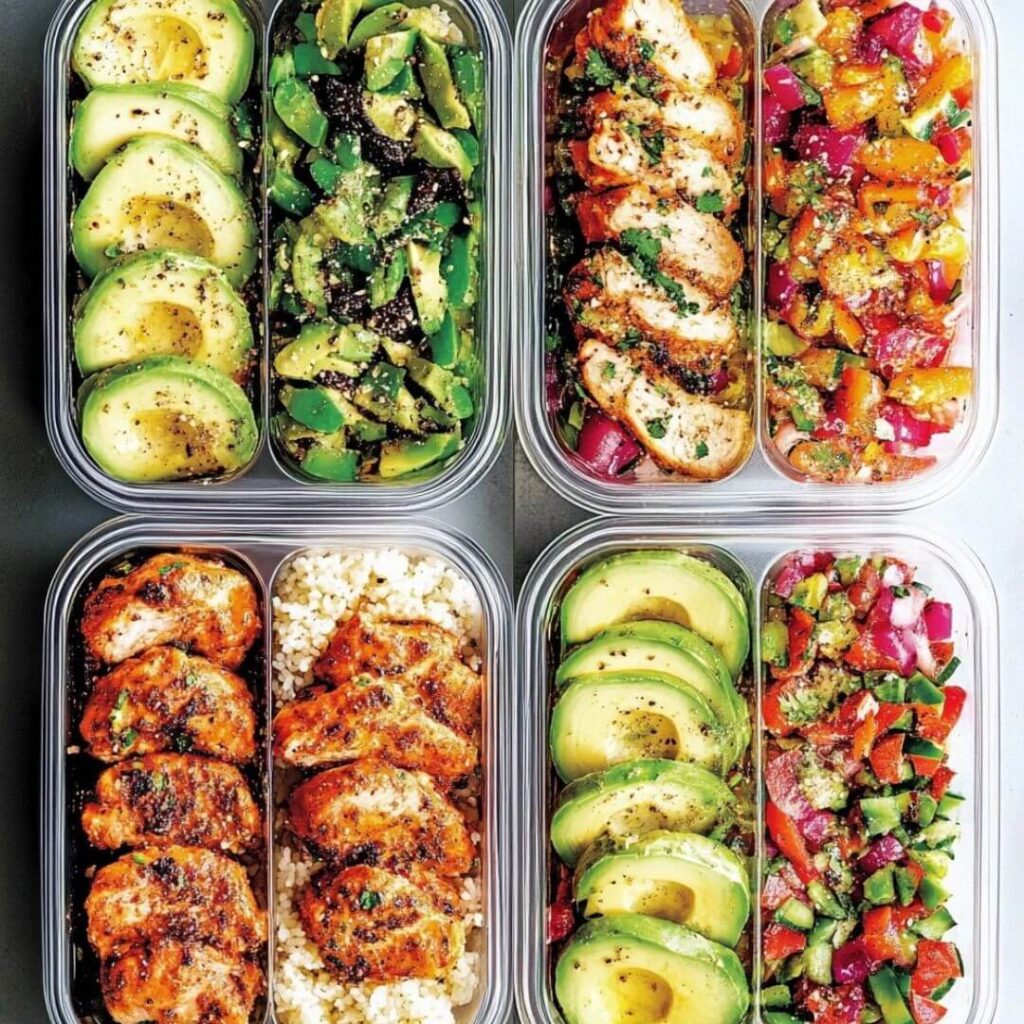 Four meal prep containers filled with grilled chicken, avocado slices, sautéed vegetables, fresh chopped salsa, and rice. Each container is neatly organized with vibrant, colorful ingredients, seasoned with herbs and spices.