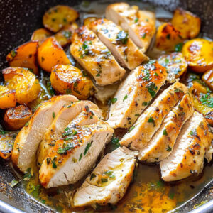 Juicy, golden-brown garlic butter lemon chicken breasts sliced and served with crispy roasted potatoes in a skillet, garnished with fresh herbs.
