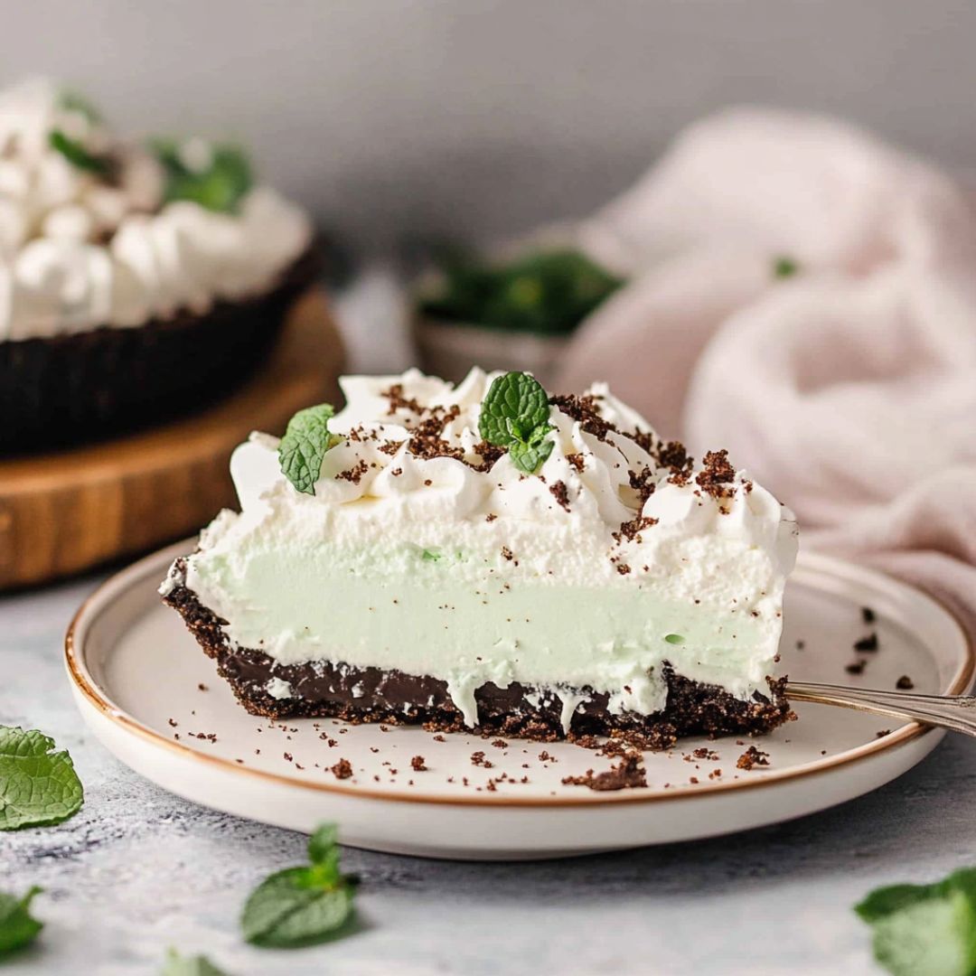 A slice of creamy mint chocolate pie with a chocolate crust, topped with whipped cream, chocolate crumbs, and fresh mint leaves.
