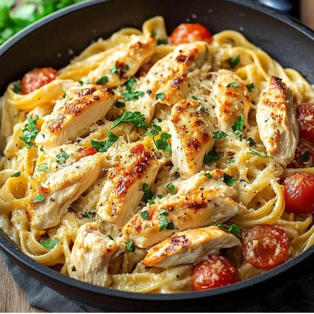 A skillet filled with creamy fettuccine pasta, topped with juicy grilled chicken slices, cherry tomatoes, and fresh parsley, garnished with grated Parmesan cheese.