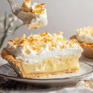 Slice of Coconut Meringue Pie with golden toasted meringue and creamy coconut filling on a plate.