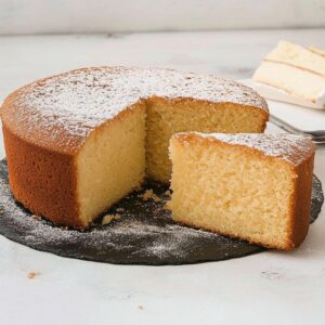 Moist and fluffy condensed milk cake dusted with powdered sugar, with a slice cut out to show the soft, tender crumb.
