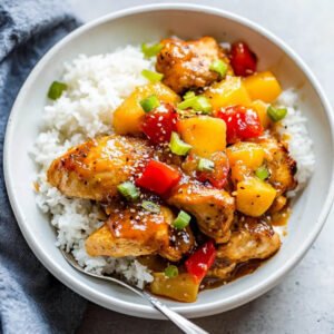 A bowl of Hawaiian Crockpot Chicken served over white rice, topped with pineapple chunks, red bell peppers, and green onions.