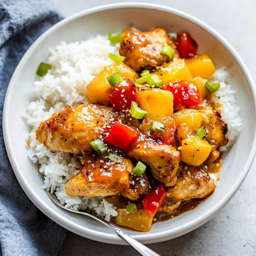 A bowl of Hawaiian Crockpot Chicken served over white rice, topped with pineapple chunks, red bell peppers, and green onions.