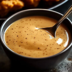 A bowl of creamy KFC-style gravy speckled with black pepper, served with a spoon.