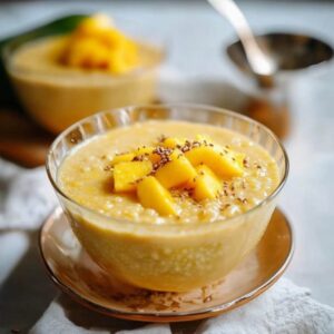 A glass bowl filled with creamy mango sago dessert, topped with fresh mango cubes and a sprinkle of chia or sesame seeds, served on a golden saucer.