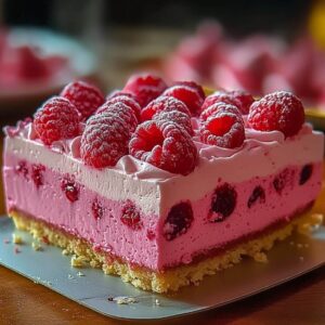 A slice of pink velvet raspberry cheesecake topped with fresh raspberries and dusted with powdered sugar on a cookie crust.