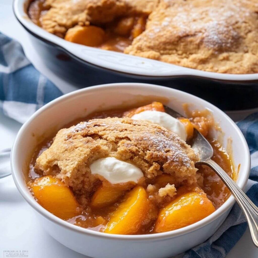 A warm bowl of gluten-free peach cobbler with golden-brown biscuit topping, served with whipped cream. Fresh peach slices and syrupy filling peek through, with a baking dish in the background.