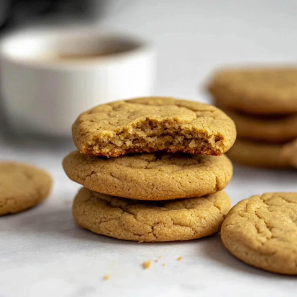 Soft and chewy peanut butter cookies stacked with a bite taken out of the top cookie
