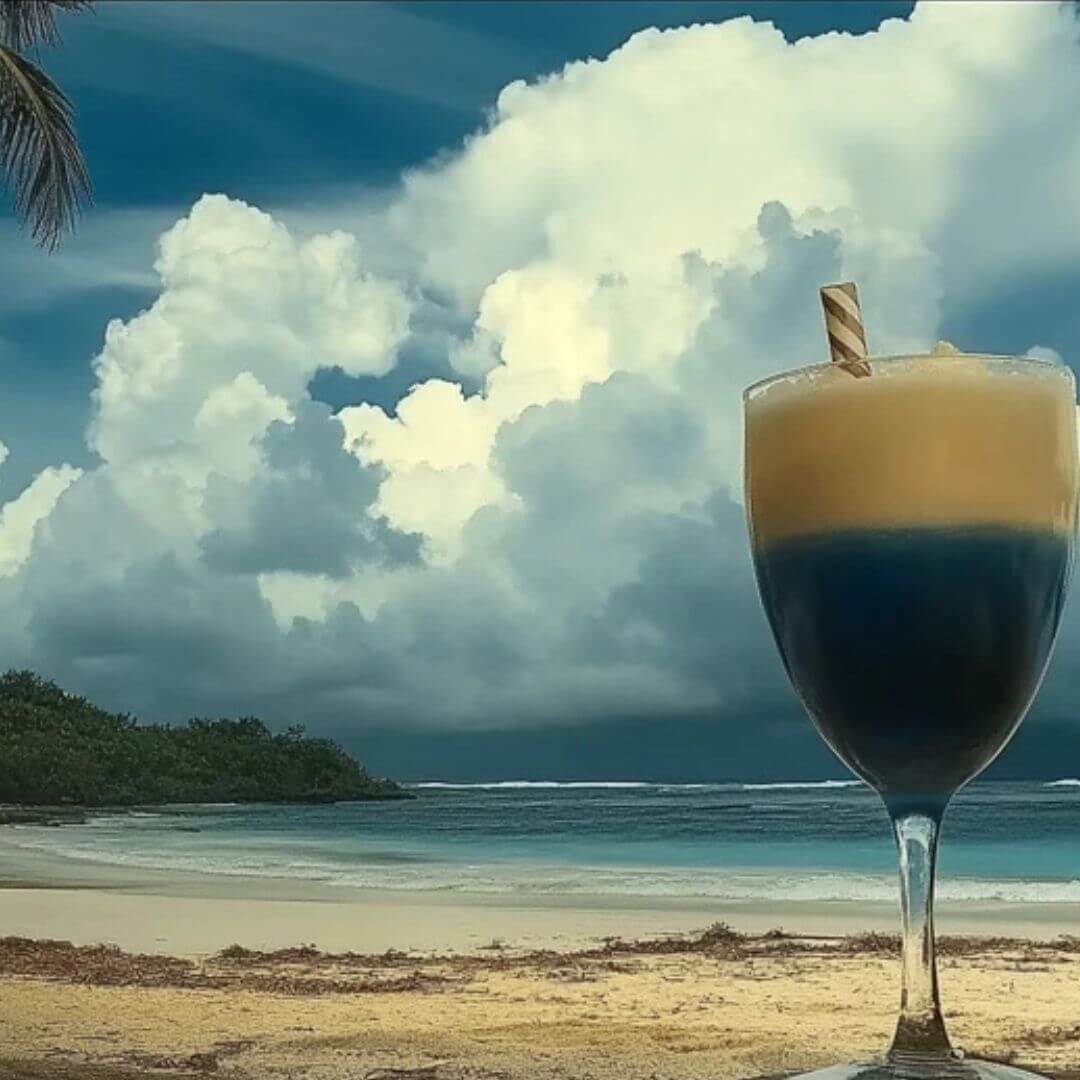 A tropical cocktail with a creamy top and deep blue base served in a glass with a straw, set against a dramatic Caribbean beach backdrop with towering white clouds and turquoise ocean waves.