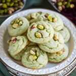 Soft green pistachio pudding cookies topped with whole pistachios, stacked on a white decorative plate.
