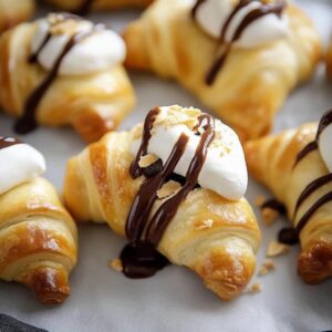 Golden crescent rolls topped with toasted marshmallows, melted chocolate drizzle, and crushed graham crackers on a baking sheet.