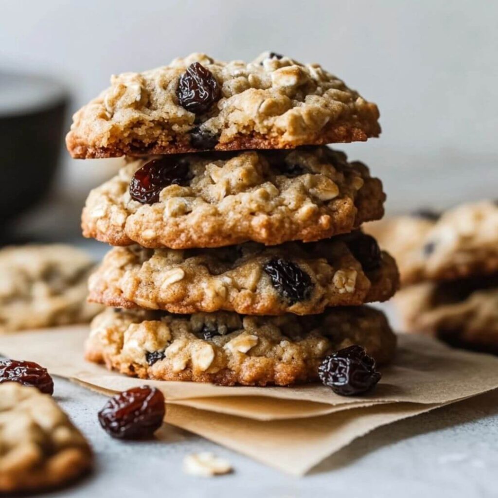 A stack of soft and chewy oatmeal raisin cookies with golden edges and plump raisins, sitting on parchment paper with extra raisins scattered around.
