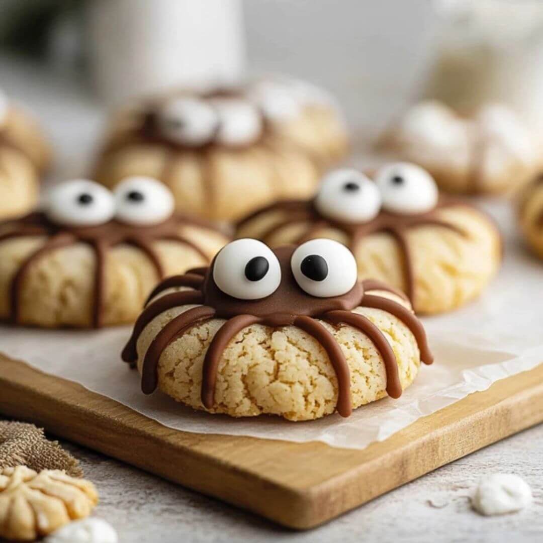 Cute spider-shaped Halloween cookies decorated with chocolate legs and big candy eyes on a wooden board.