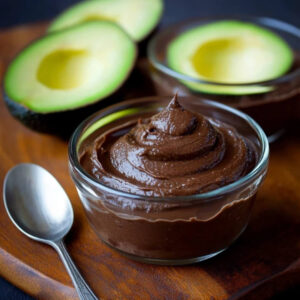 Glass bowl filled with creamy chocolate avocado mousse, with a spoon beside it and fresh halved avocados in the background.