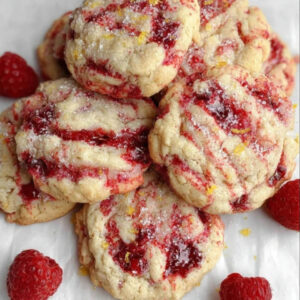 Freshly baked lemon raspberry cookies with vibrant red raspberry swirls and a sugar-dusted top, surrounded by whole raspberries.