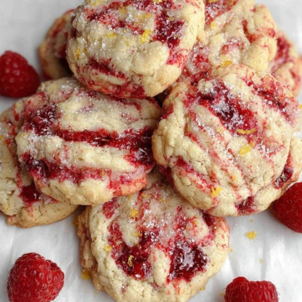 Freshly baked lemon raspberry cookies with vibrant red raspberry swirls and a sugar-dusted top, surrounded by whole raspberries.