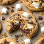 Close-up of a gooey s’mores cookie with toasted marshmallows, melted chocolate chunks, and graham cracker crumbs, with a bite taken out.