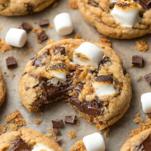 Close-up of a gooey s’mores cookie with toasted marshmallows, melted chocolate chunks, and graham cracker crumbs, with a bite taken out.