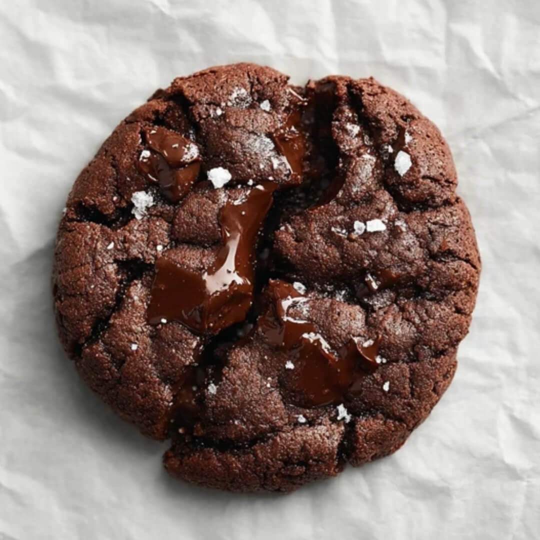 Close-up of a single double chocolate cookie with gooey melted chocolate and a sprinkle of sea salt on top.