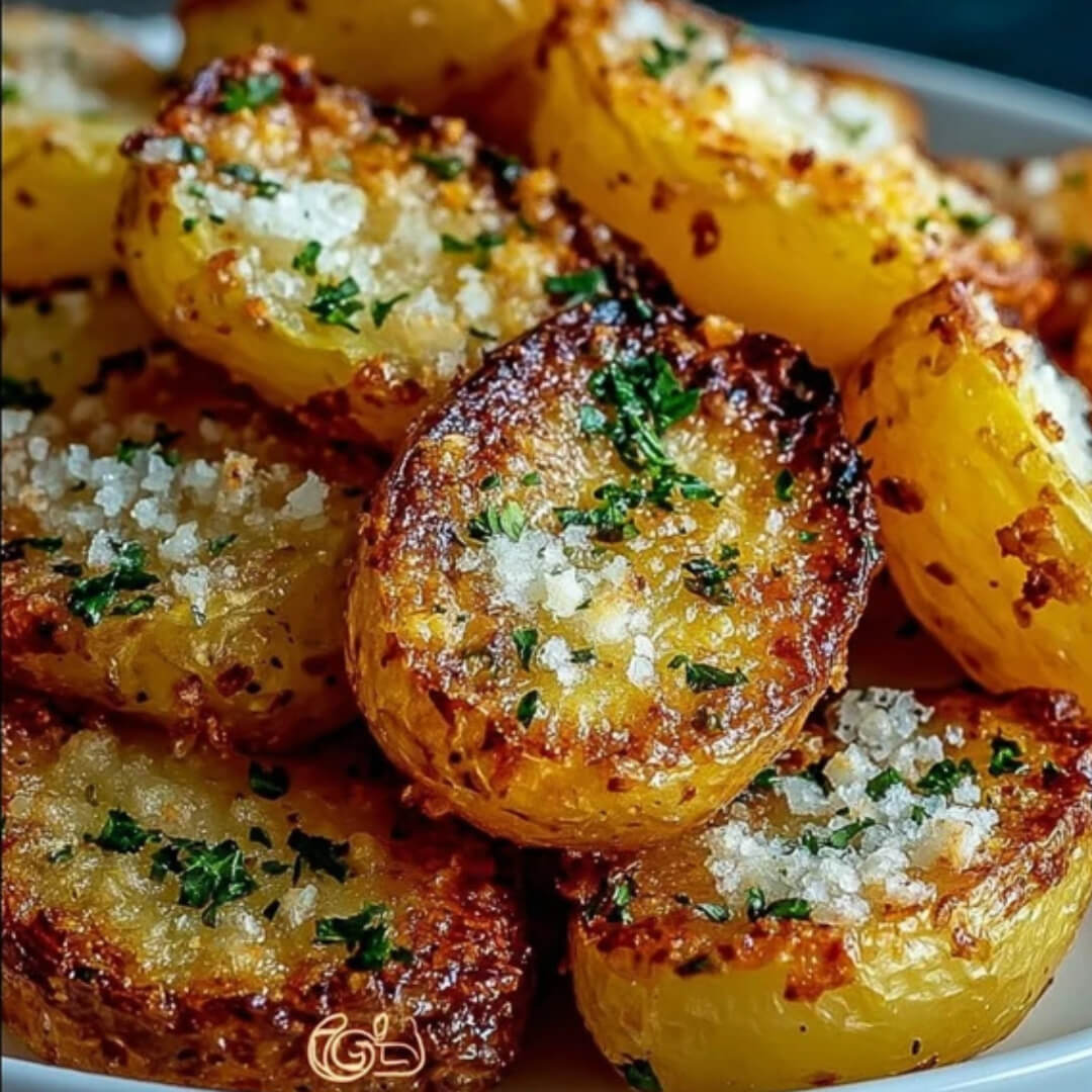 Golden crispy garlic parmesan potatoes baked in the air fryer, topped with parsley and Parmesan flakes.