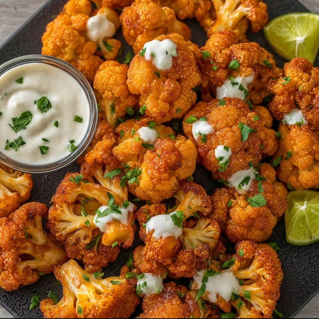 Crispy golden air fryer buffalo cauliflower bites served with ranch dip and fresh lime wedges.