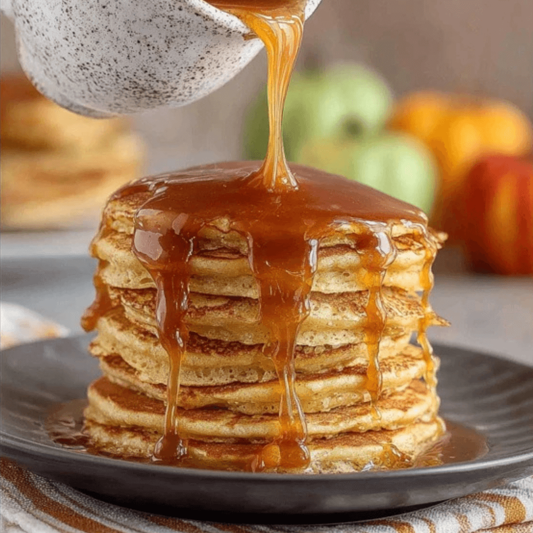 Stack of fluffy apple pancakes drizzled with warm golden cider syrup.