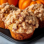 Close-up of golden Apple Pumpkin Streusel Muffins topped with a buttery cinnamon crumble, perfect for fall baking.