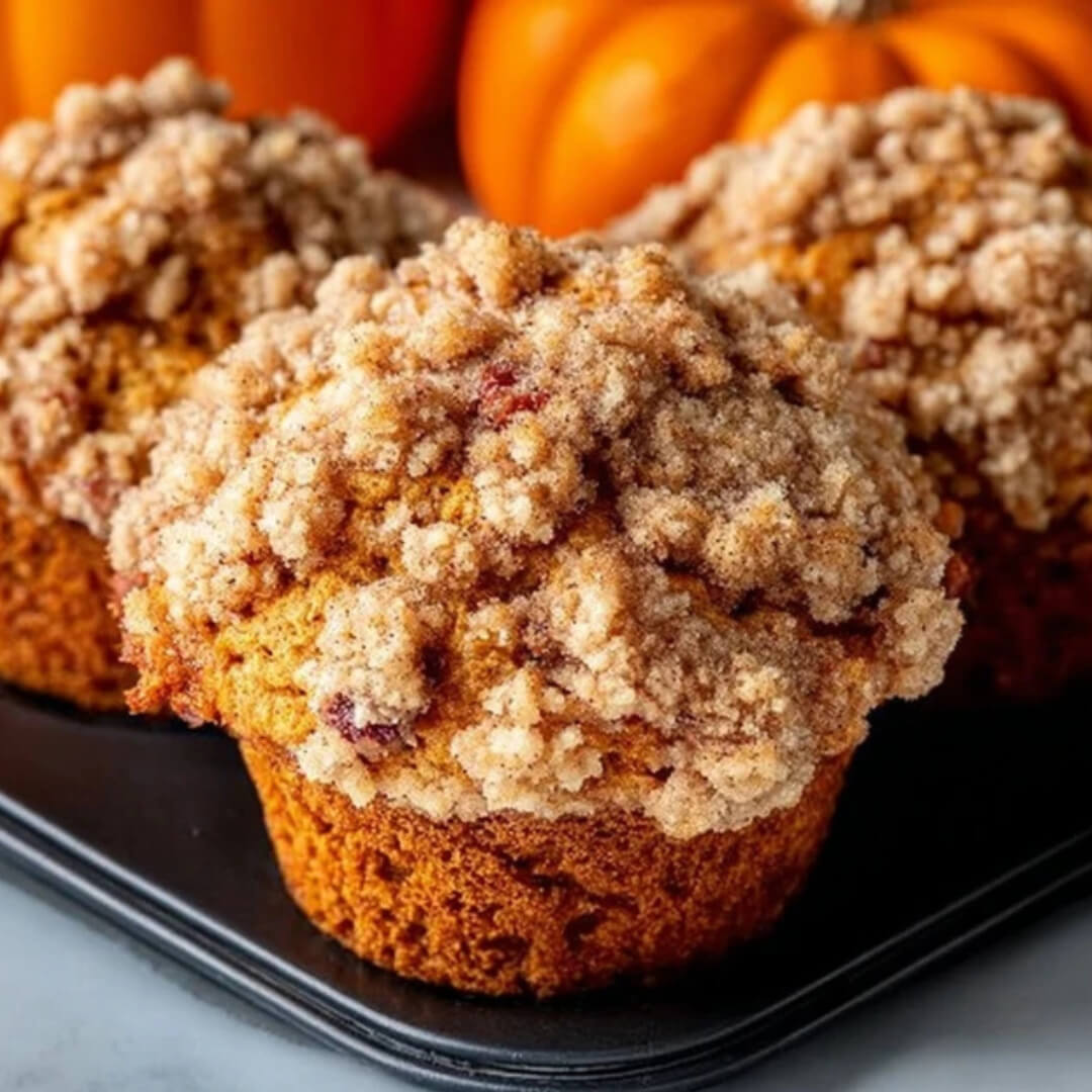Close-up of golden Apple Pumpkin Streusel Muffins topped with a buttery cinnamon crumble, perfect for fall baking.