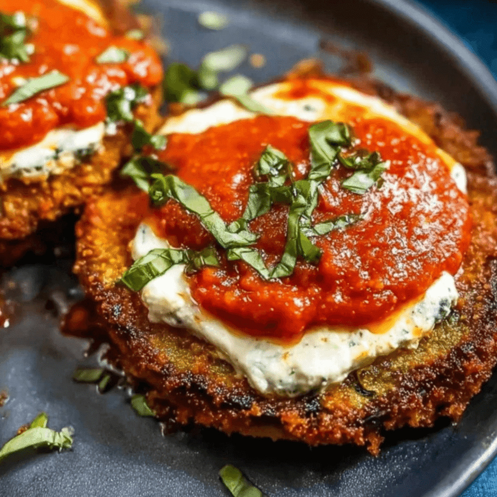 Close-up of crispy baked eggplant parmesan topped with marinara sauce, melted mozzarella, and fresh basil on a dark plate.