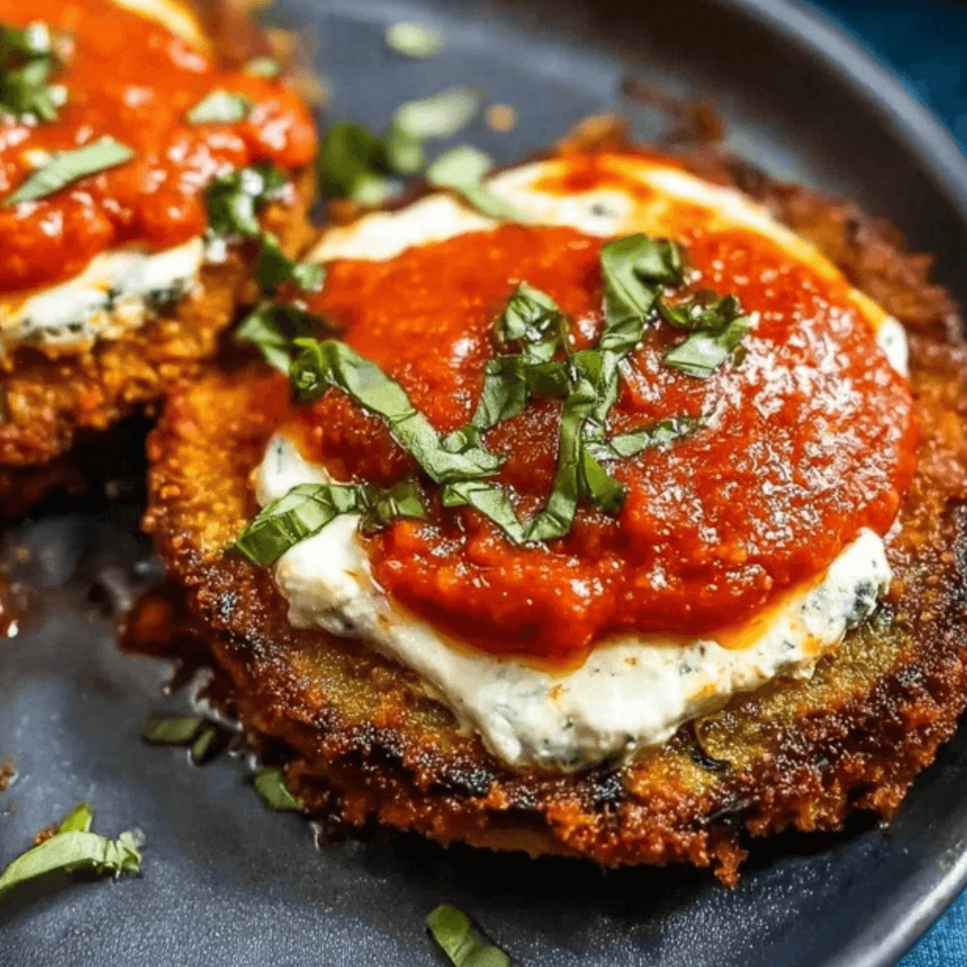 Close-up of crispy baked eggplant parmesan topped with marinara sauce, melted mozzarella, and fresh basil on a dark plate.