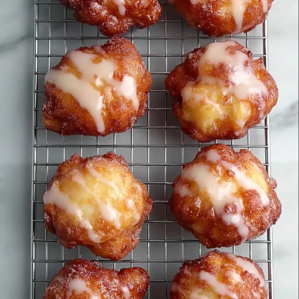 Golden brown air fryer apple fritters drizzled with sweet glaze cooling on a wire rack
