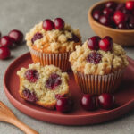 Freshly baked cherry cobbler muffins topped with buttery streusel and juicy cherries on a rustic plate.