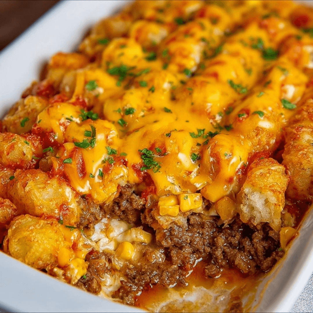 Cheesy cowboy casserole topped with golden crispy tater tots, savory ground beef, corn, and melted cheddar in a white baking dish.