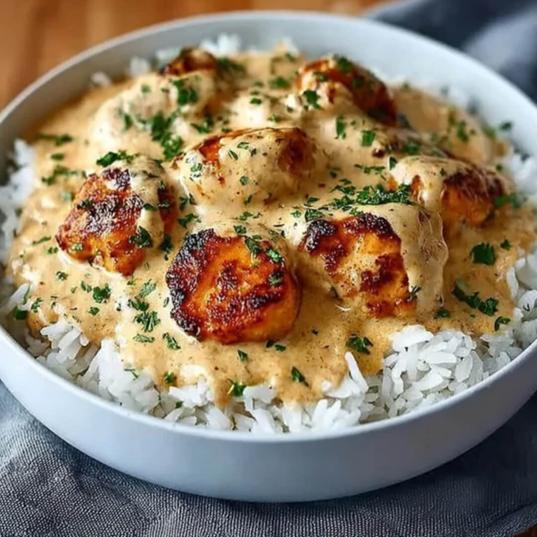 Creamy smothered chicken served over fluffy white rice, topped with fresh parsley in a comforting bowl.