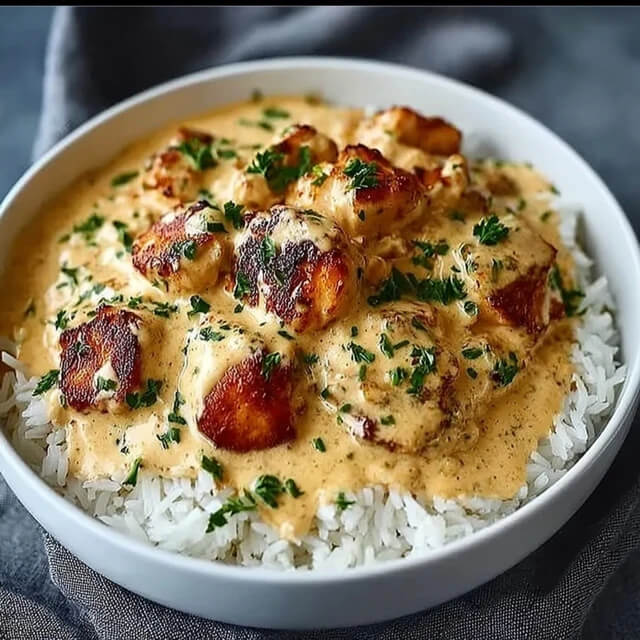 Creamy smothered chicken served over fluffy white rice, topped with fresh parsley in a comforting bowl.