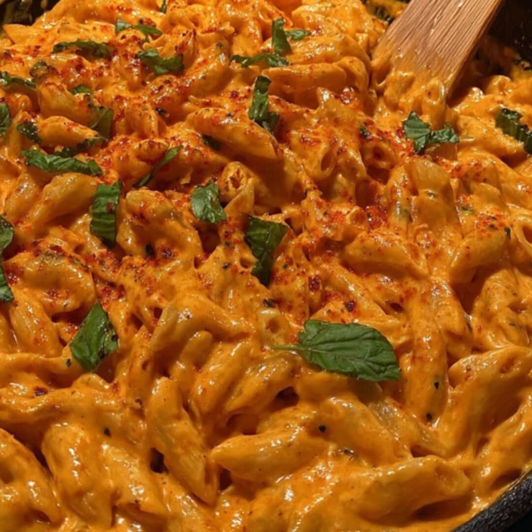 Close-up of creamy and cheesy skillet macaroni topped with fresh parsley and paprika.