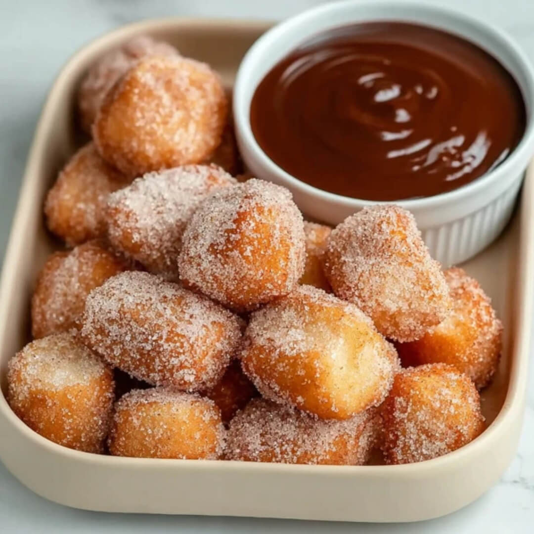 Golden, sugar-coated air fryer churro bites served with a bowl of rich chocolate dipping sauce.
