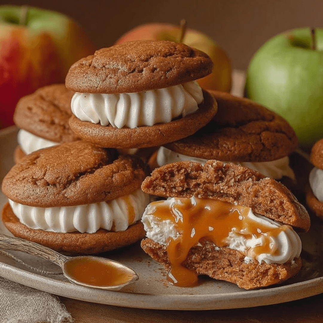 Stack of apple cider whoopie pies filled with cream cheese frosting, one cut open showing gooey caramel drizzle, with fresh apples in the background.