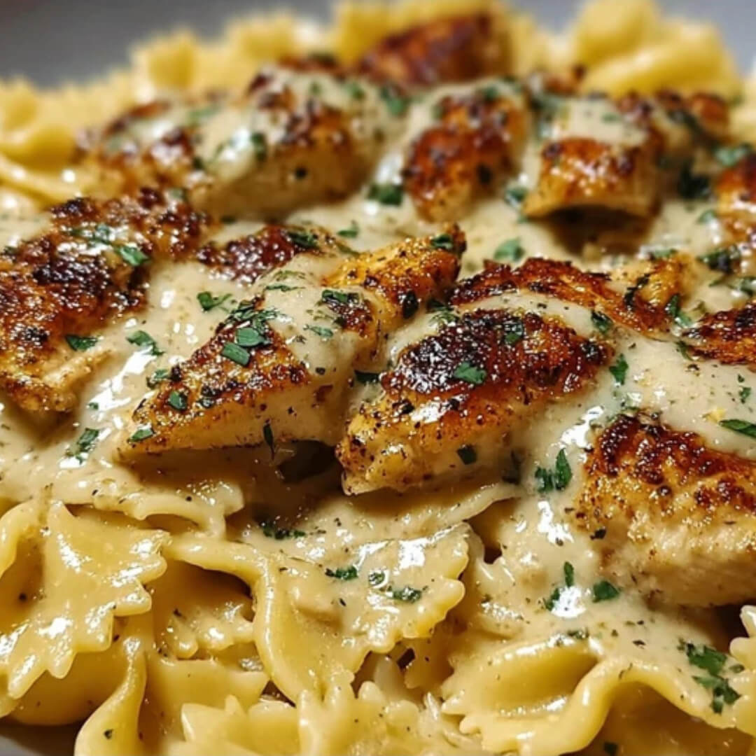 Close-up of creamy lemon garlic chicken with Parmesan sauce over bowtie pasta, garnished with fresh parsley.