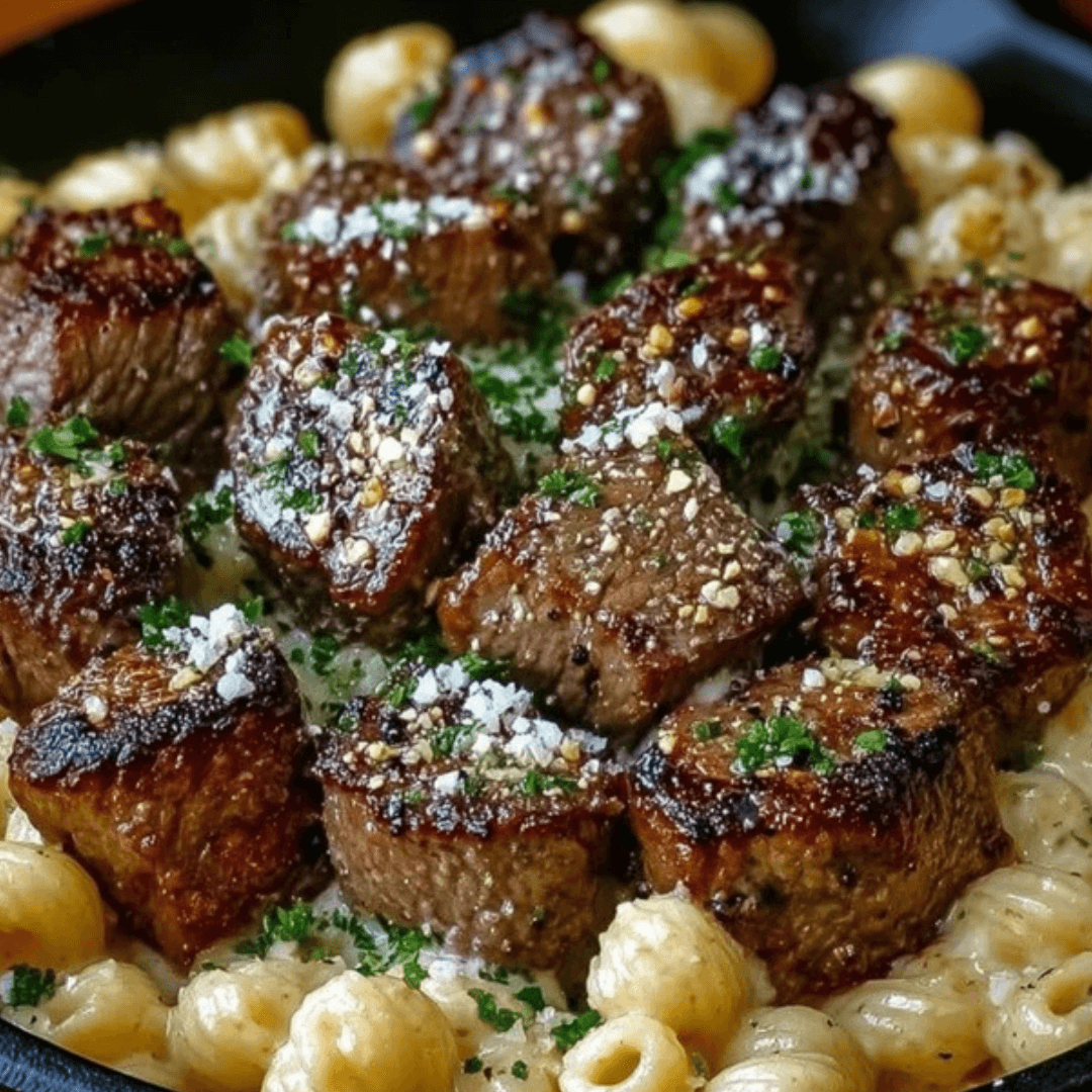 Juicy garlic butter steak bites topped with Parmesan and parsley served over creamy pasta.