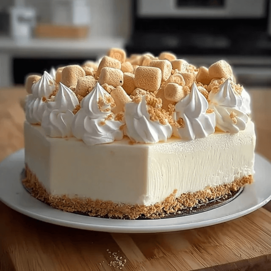 No-bake marshmallow whip cheesecake topped with golden mini marshmallows, whipped cream swirls, and a buttery graham cracker crust.
