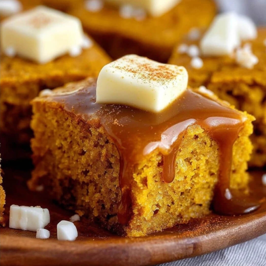 Close-up of moist pumpkin cornbread topped with melted butter and drizzled cinnamon honey glaze.