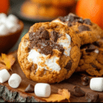 Close-up of gooey pumpkin s’mores cookies with melted marshmallows, chocolate chunks, and graham crumbs on a rustic wooden board.
