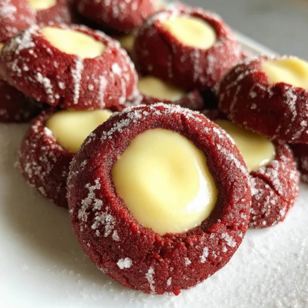 Close-up of red velvet cheesecake thumbprint cookies with a soft cream cheese center, dusted with sugar