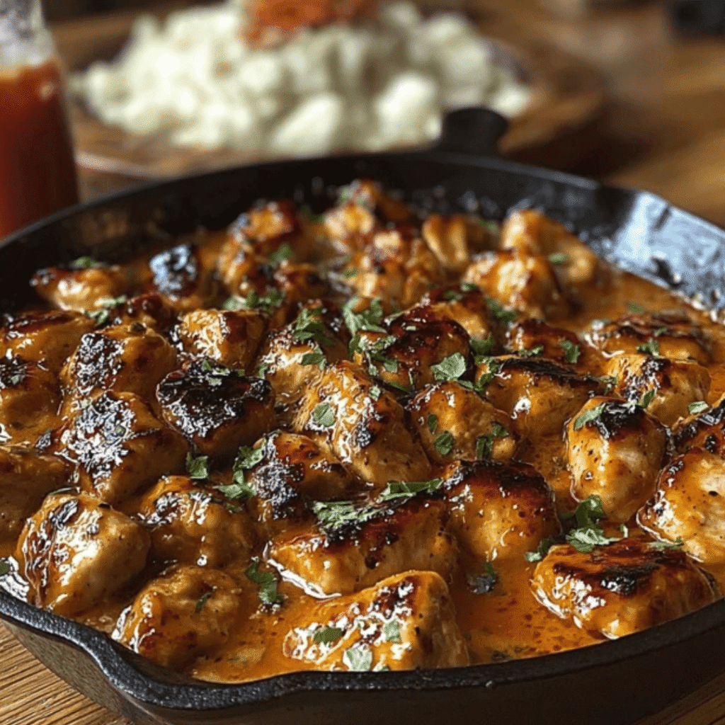 Golden seared chicken bites simmered in a rich garlic butter sauce inside a cast-iron skillet, garnished with fresh parsley.