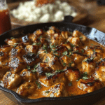 Golden seared chicken bites simmered in a rich garlic butter sauce inside a cast-iron skillet, garnished with fresh parsley.