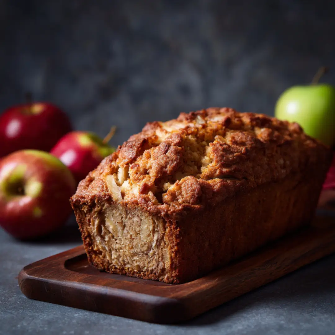 A close-up shot of a freshly baked, golden-brown loaf of apple bread on a wooden board, with red and green apples in the soft-focus background.