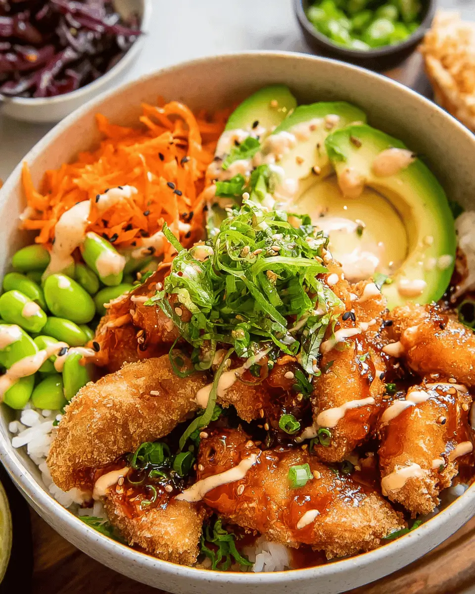 Bang Bang Shrimp Bowl with shrimp, avocado, purple cabbage, and spicy sauce in a colorful bowl.